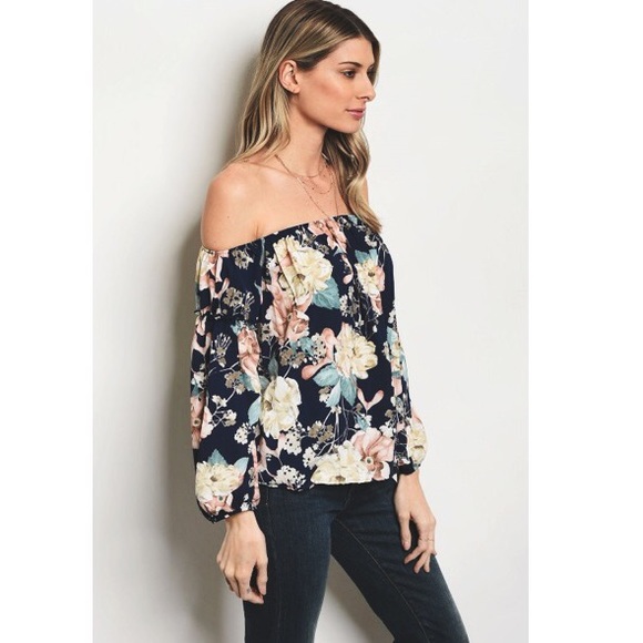 Navy & Peach Floral Spring Off Shoulder Blouse NEW - Picture 3 of 4